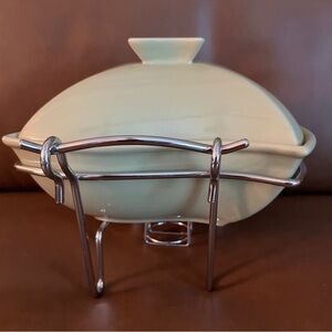 Goldinger Silver Art 1 Qt. Porcelain Covered Green Baker w/ Chrome Warmer Stand